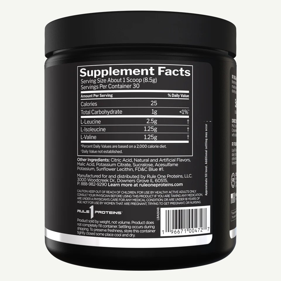 Foto de la etiqueta del envase de Rule 1 BCAA 2:1:1, sabor Blue Raspberry