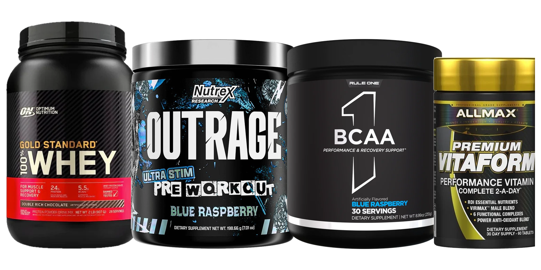 Los cuatro suplementos en preventa de REVTILE: Gold Standard Whey, Nutrex Outrage, Rule 1 BCAA y AllMax Vitaform