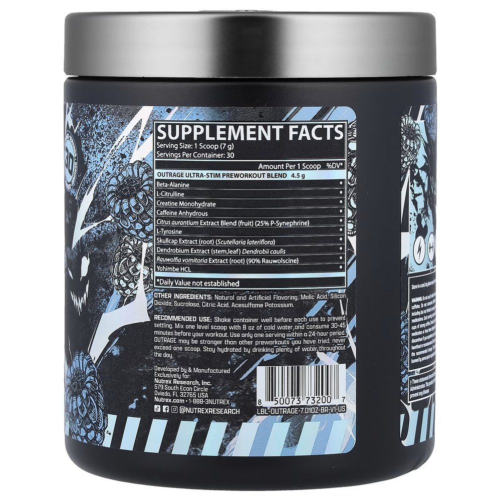 Foto de la etiqueta del envase de Nutrex Research Outrage Ultra Stim Pre-Workout, sabor Blue Raspberry