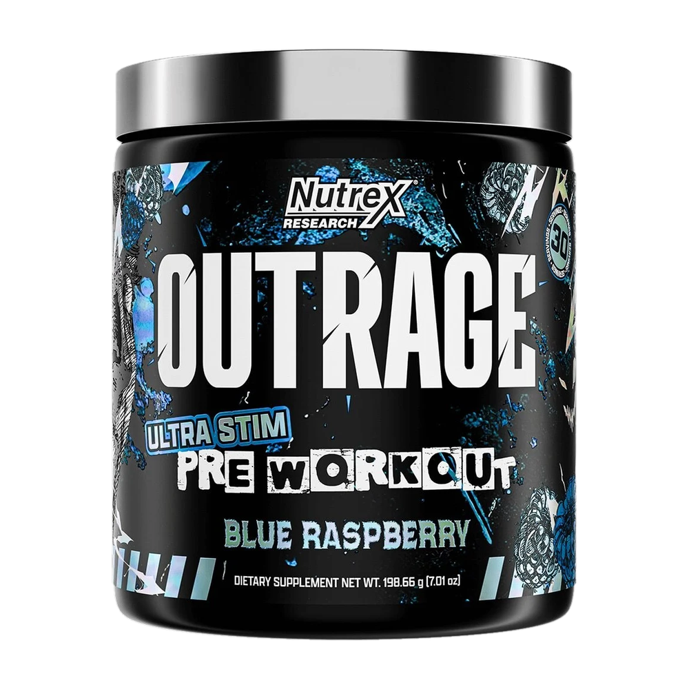 Envase de Nutrex Outrage Ultra Stim Pre-Workout sabor Blue Raspberry