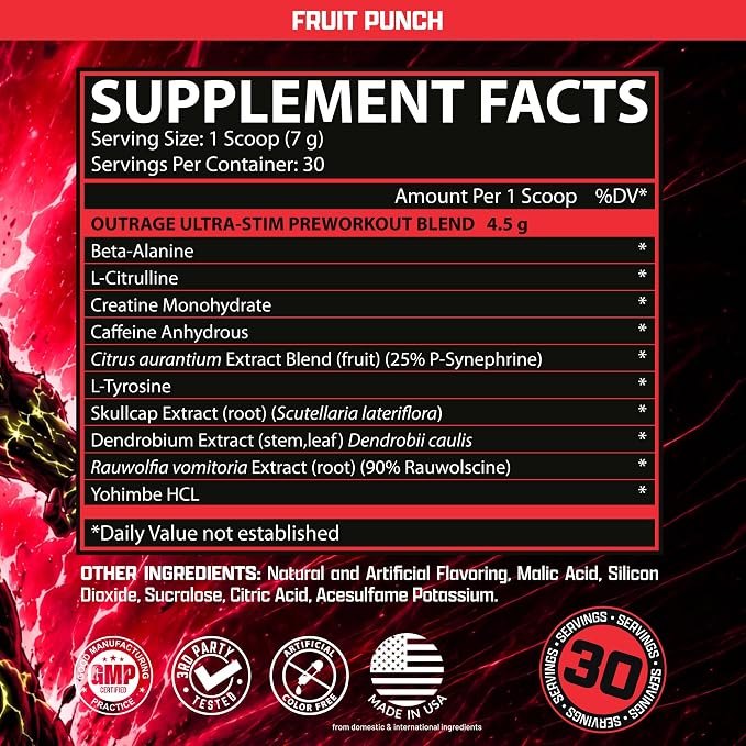 Foto de la etiqueta del envase de Nutrex Research Outrage Ultra Stim Pre-Workout, sabor Fruit Punch