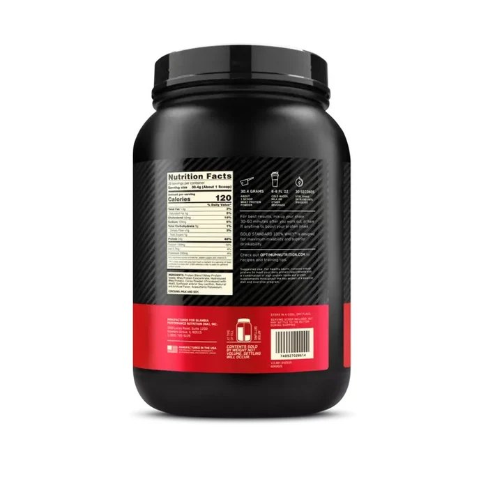 Foto de la etiqueta del envase de Optimum Nutrition Gold Standard 100% Whey, sabor Double Rich Chocolate