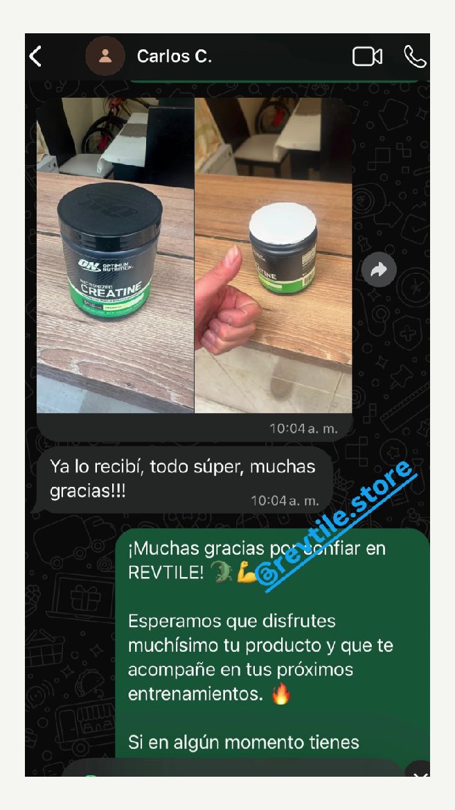 Captura de chat: cliente confirmando la entrega de su creatina con fotos del tarro