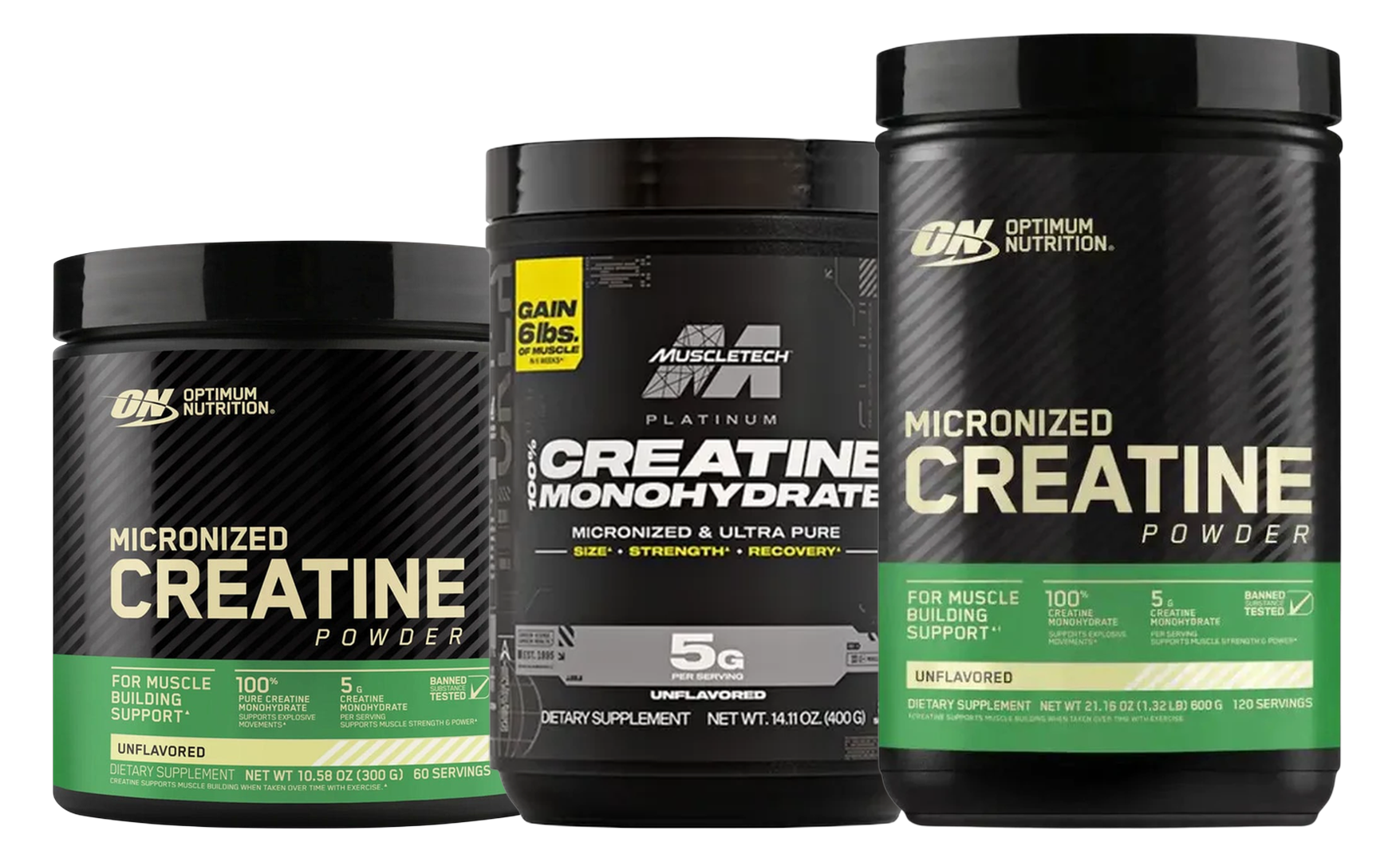 Las tres creatinas que vende REVTILE: Optimum Nutrition de 300 g, MuscleTech Platinum de 400 g y Optimum Nutrition de 600 g